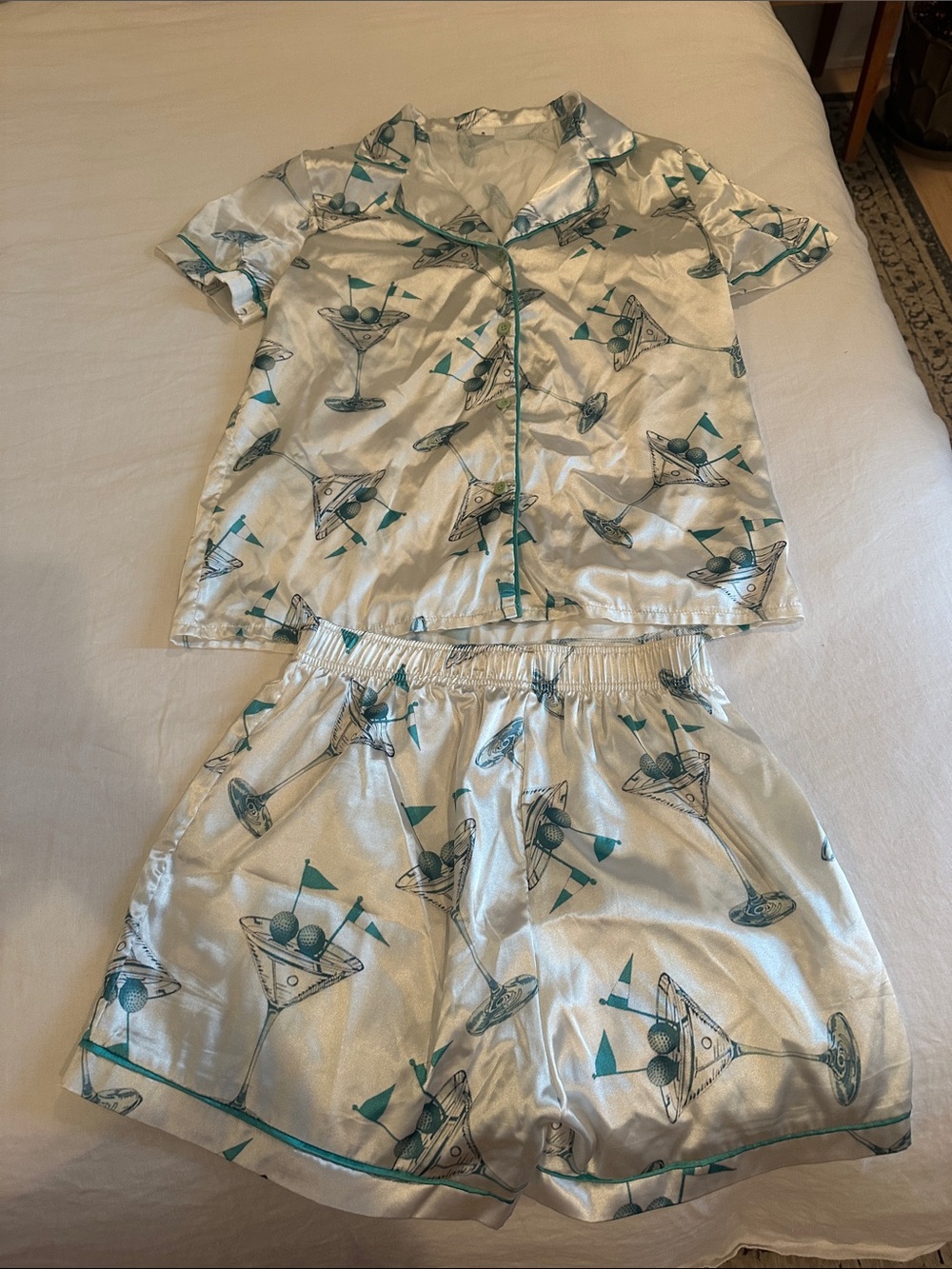 Silky White & Teal Golf Martini Print Pajama Set. Size S
